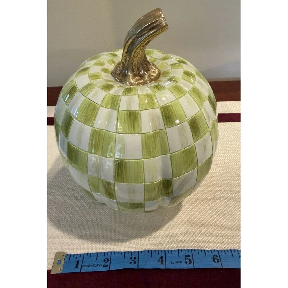 MacKenzie-Childs Moss Green Check Mini Pumpkin New IN BOX! Autumn Decor